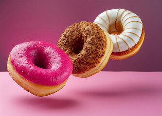 Levitating donuts on a pink background
