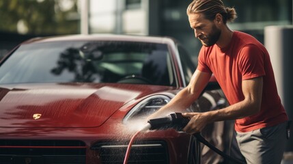 Skilled detailer cleans red sports car with water pressure, preparing for cinematic detailing