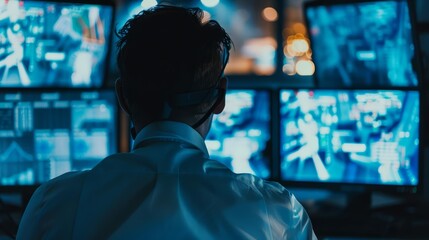 A security guard sits in front of a bank of monitors, watching the feeds from the cameras