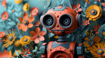 Whimsical Steampunk Inspired Paper Sculpture Robot Artwork in Pastel Style