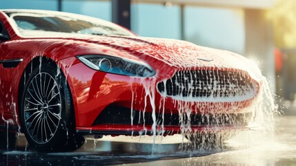 Expert detailer uses pressure washer on red sportscar for cinematic american muscle car detailing