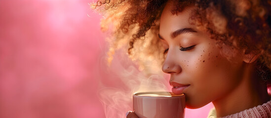 Woman Enjoying the Aroma of Freshly Brewed Coffee in a Cup on a Pink Background