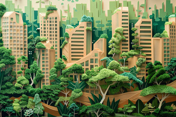 Papercut art of a sustainable cityscape. Urban design with lush green spaces and Net-zero emissions for eco-friendly urban planning. Sustainable city. Eco-friendly urban design. Green architecture.