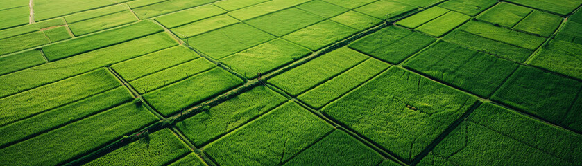 Aerial view of green rice fields. Sustainable agriculture practices and carbon neutrality in rural farming. Overhead perspective of sustainable agriculture and carbon neutrality for a greener future.