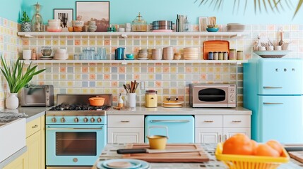 A vibrant, eclectic kitchen featuring a bold, colorful backsplash, retro-inspired appliances in pastel hues, and open shelving displaying a collection of vintage cookware and modern art pieces. 32k,