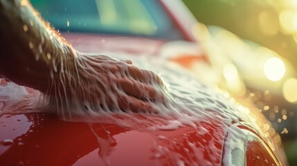 Skilled detailer uses pressure washer on red sports car for upscale luxury detailing