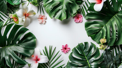 Top view Tropical Leaves banner with exotic flowers, copy space