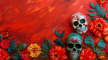Colorful skulls and flowers frame over red background with copy space