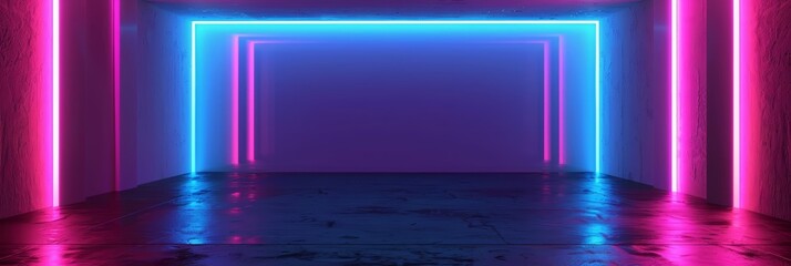 Create a realistic image of a dark room with two neon lights in the shape of squares