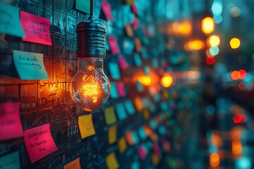 A creative workshop setting with a team using colorful post-its on a transparent idea board, in a vibrant, well-lit workshop space Emphasis on collaboration and dynamic interaction