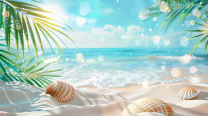 Summer vacation concept with sky, sand, sea, seashell, bokeh light and palm leaves
