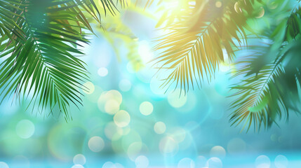 Summer vacation concept with sky, bokeh light and palm leaves