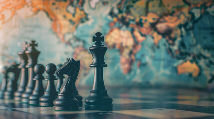 Chessboard with chess pieces located on world map background