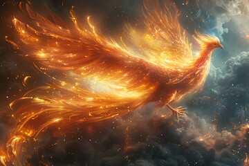 A digital painting of a phoenix rising from ashes, metaphorically representing transformation and rebirth in change management, with fiery colors and dramatic composition