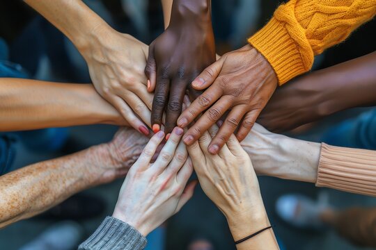 A close-up on a diverse team's hands together, symbolizing unity and teamwork in change management, with focus on intricate details and emotive storytelling