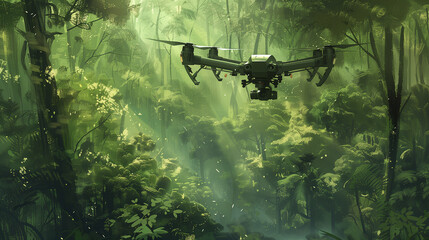A drone is flying over a lush green forest. The drone is a large, green and black model. The forest is full of trees and the sky is clear