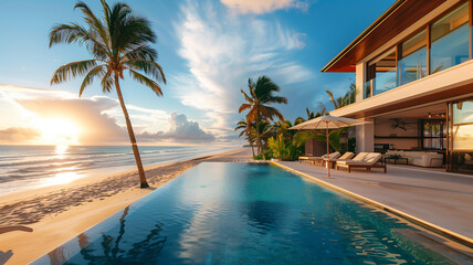 photograph of a luxury beachfront villa, with infinity pool overlooking the ocean, palm trees swaying in the breeze, and golden sands stretching into the distance