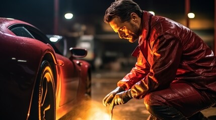 Professional detailer cleaning red sports car with high pressure washer in cinematic shot