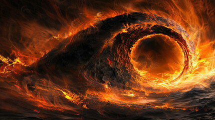 A dramatic fusion of jet black and fiery orange waves, colliding in a spectacular display that evokes the intensity of a solar eclipse.