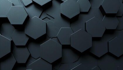 Create a 3D rendering of a black honeycomb pattern. Make the hexagons appear to be randomly sized and placed, and give the image a futuristic, high-tech look.