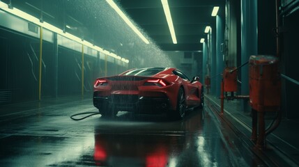 Expert washing red sportscar with pressure, preparing american muscle car in cinematic luxury scene