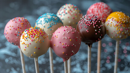 Delicious Cake Pops Decorated with Frosting Chocolate,
Tiny, flavorful cake pops, perfect for indulgent snacking or celebrations