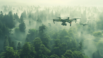 A drone is flying over a lush green forest. The drone is a large, green and black model. The forest is full of trees and the sky is clear