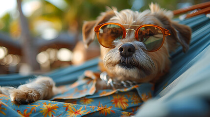 Funny Dog in Sunglasses, Hawaiian Shirt, Cap,
Cute dog animal character wearing human clothes and sunglass
