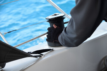Rope winch on yacht cockpit
