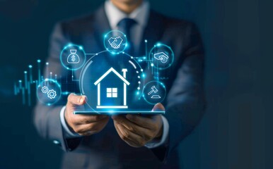 A businessman holding tablet with real estate and house icons on a virtual screen