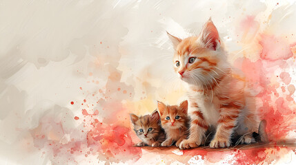 Drawing with Red Cat and Kittens Copy Space,
Cat a full body shot of single
