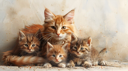Drawing with Red Cat and Kittens Copy Space,
Mother cat with fluffy kittens sleeping in group
