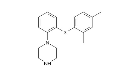 vortioxetine molecule, structural chemical formula, ball-and-stick model, isolated image antidepressant
