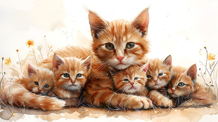 Drawing with Red Cat and Kittens Copy Space,
Five cute kittens use filter photography Expressionism 4K hyper quality
