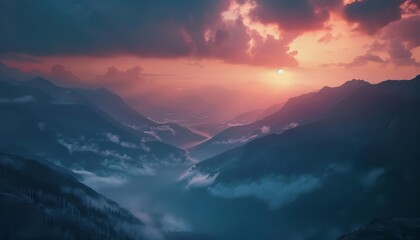 A beautiful landscape of a mountain range at sunset. The sky is a deep orange and the clouds are a light pink. The mountains are covered in snow.