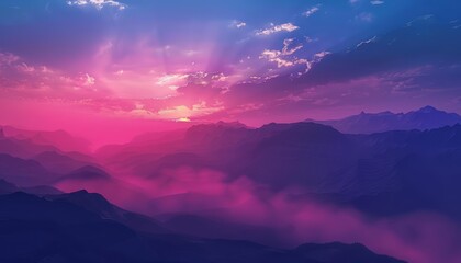 Fototapeta premium The setting sun casts a pink and purple glow over the rugged mountain landscape