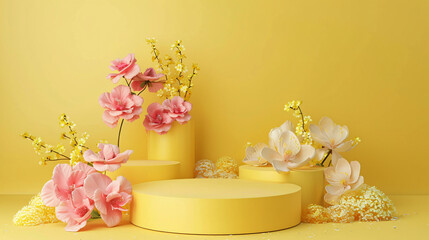 Decorative plaster podiums with flowers on yellow background