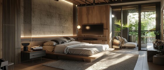 Design a modern bedroom with a platform bed, wood finishes, a large television, and a balcony with a view of the jungle