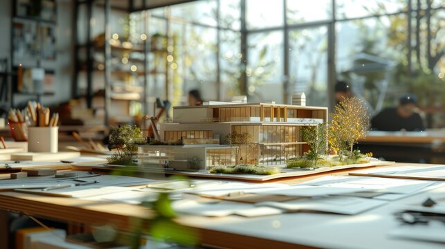 An architects team was working on a construction project. Building models and blueprints were on the office table. Building plan sketches and design concepts