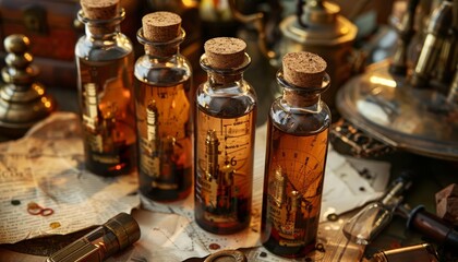 A collection of steampunk themed potion bottles filled with gears, cogs and other mechanical parts.