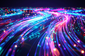 A futuristic background with a glowing fiber optic cable pattern, showcasing vibrant colors against a dark setting.