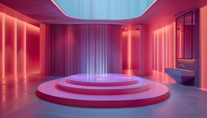 An empty stage with a pink and blue neon background awaits the performers