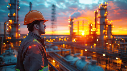 Engineer, oil refinery plant worker. Oil and gas industry, production, factory.
