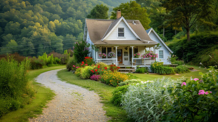 Fototapeta na wymiar Photograph of a charming countryside cottage nestled amidst rolling hills and scenic landscapes