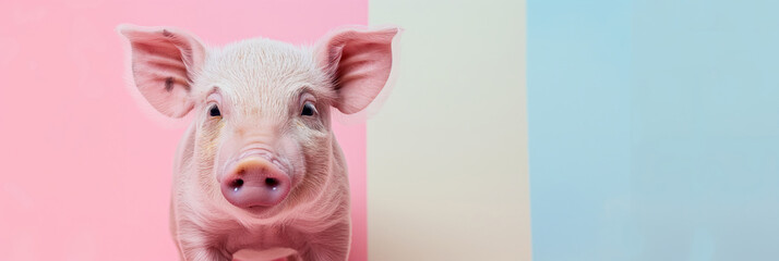 Closeup piglet against a pastel background. banner