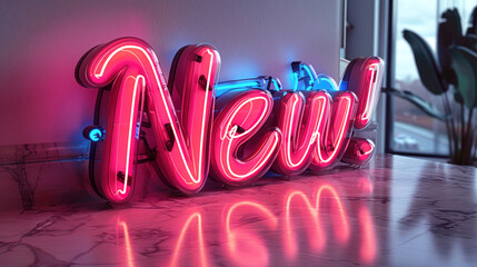 Light sign in script letters saying "New!", on a wall, in the style of vintage vibe, design and fashion.