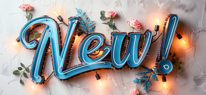 Light sign in script letters saying "New!", on a wall, in the style of vintage vibe, design and fashion.