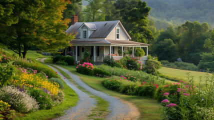 Fototapeta premium Photograph of a charming countryside cottage nestled amidst rolling hills and scenic landscapes