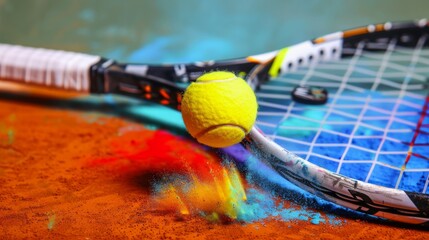 macro detail of a yellow tennis ball hitting a racket, rainbow powder.