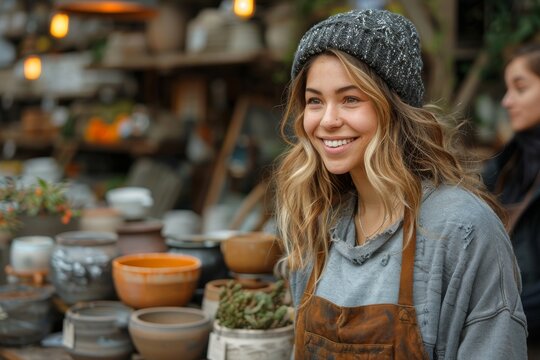 A smiling young woman, donning an apron in a pottery workshop, radiates warmth and creativity